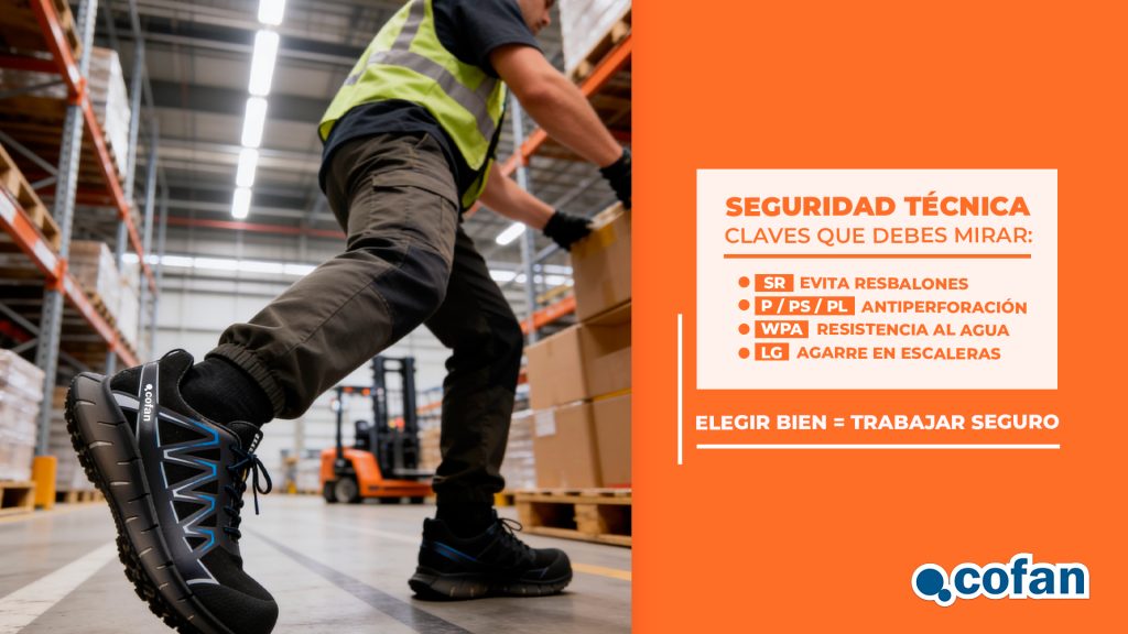 calzado de seguridad, botas de seguridad, zapatillas de seguridad, normativa EN ISO 20345:2022+A1:2024, calzado S1P, botas S3, calzado antideslizante SR, puntera composite, EPIs, protección laboral, calzado de trabajo, seguridad laboral, botas impermeables WPA, calzado ESD, calzado industrial, normativa calzado seguridad, zapatos de seguridad trabajo, prevención riesgos laborales, calzado profesional, Cofan
